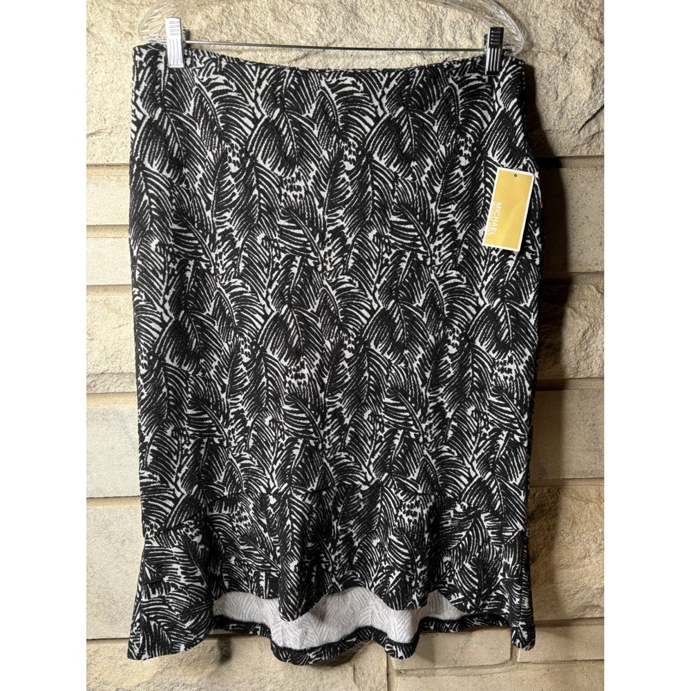 Michael‎ Michael Kors Palm Leaf Jacquard Ruffle Hem Pencil Skirt Black White L